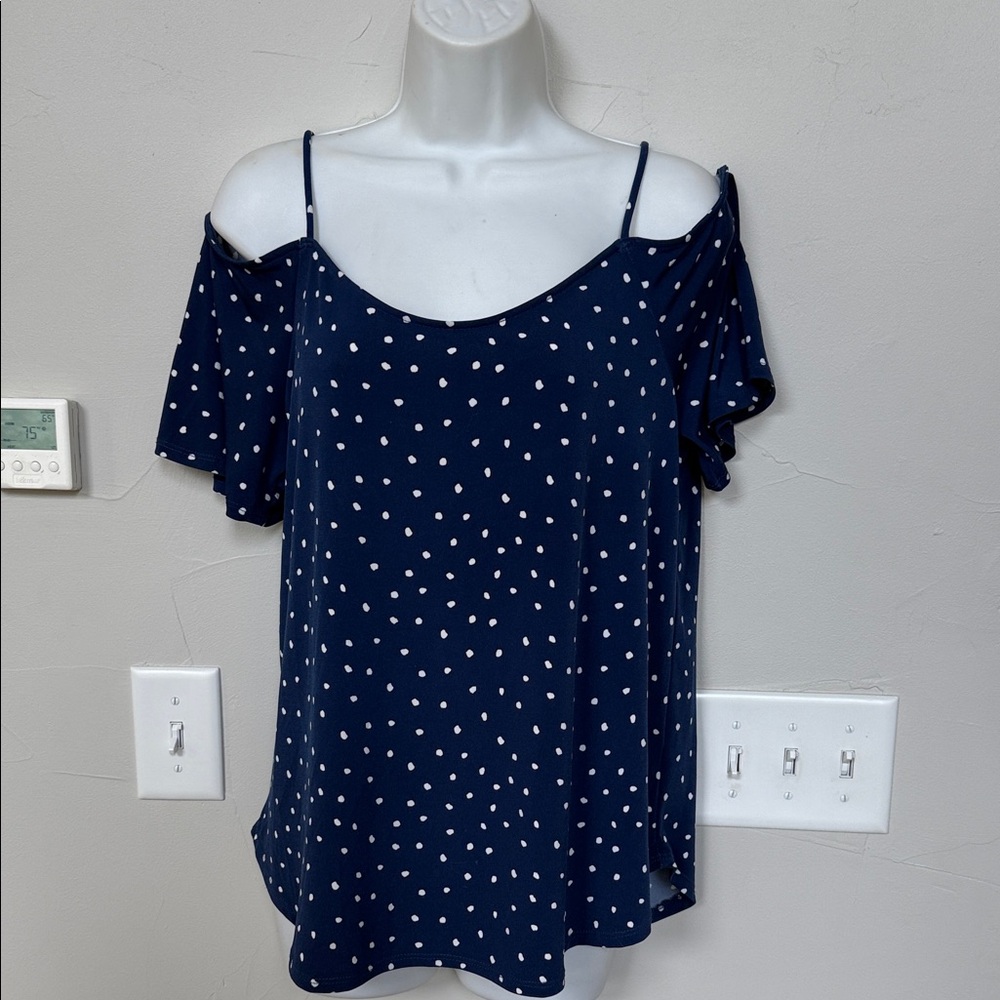 Kaileigh Navy Blue Cold Shoulder Blouse with White Dots